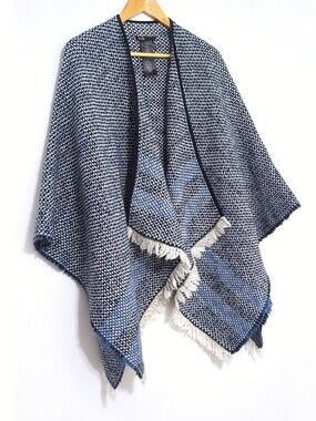 Maje Wool Alpaca Fringe Poncho Cape Wrap Blue Oversized Boho OS